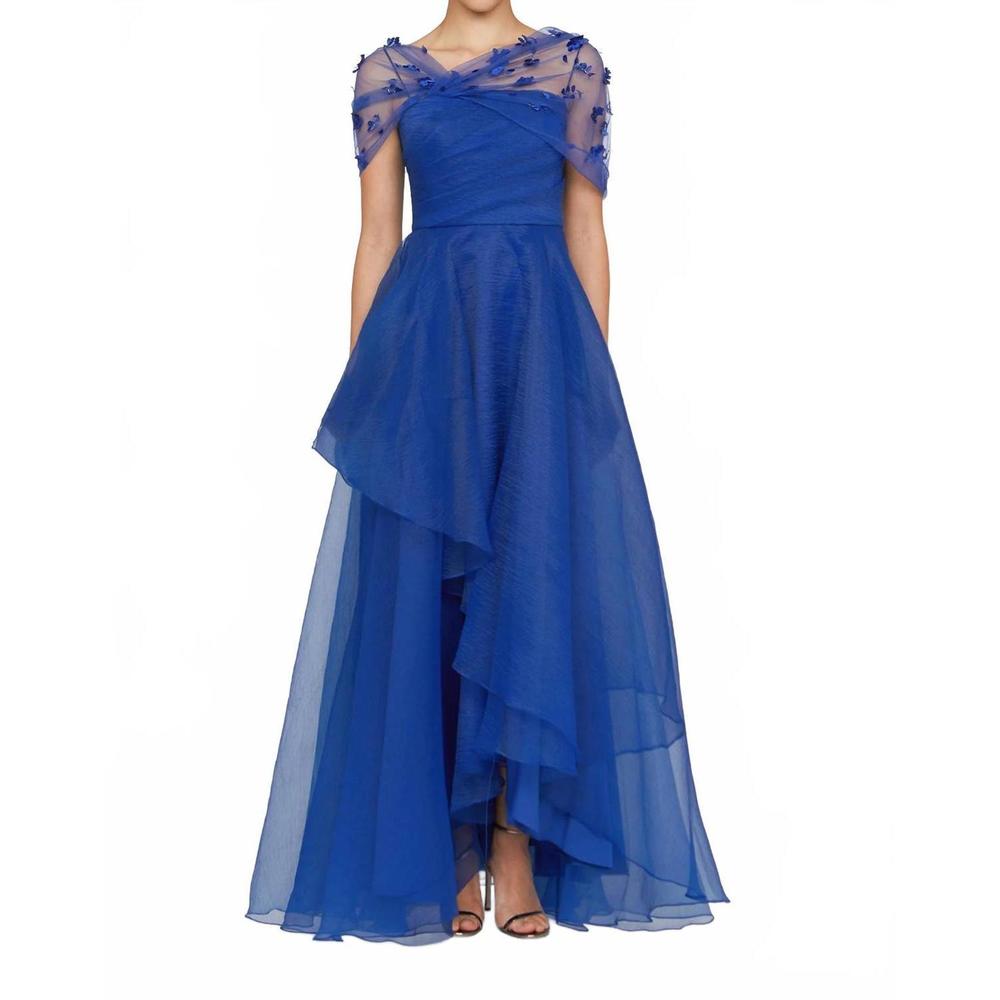 NEW THEIA atlas shawl draped gown in sapphire